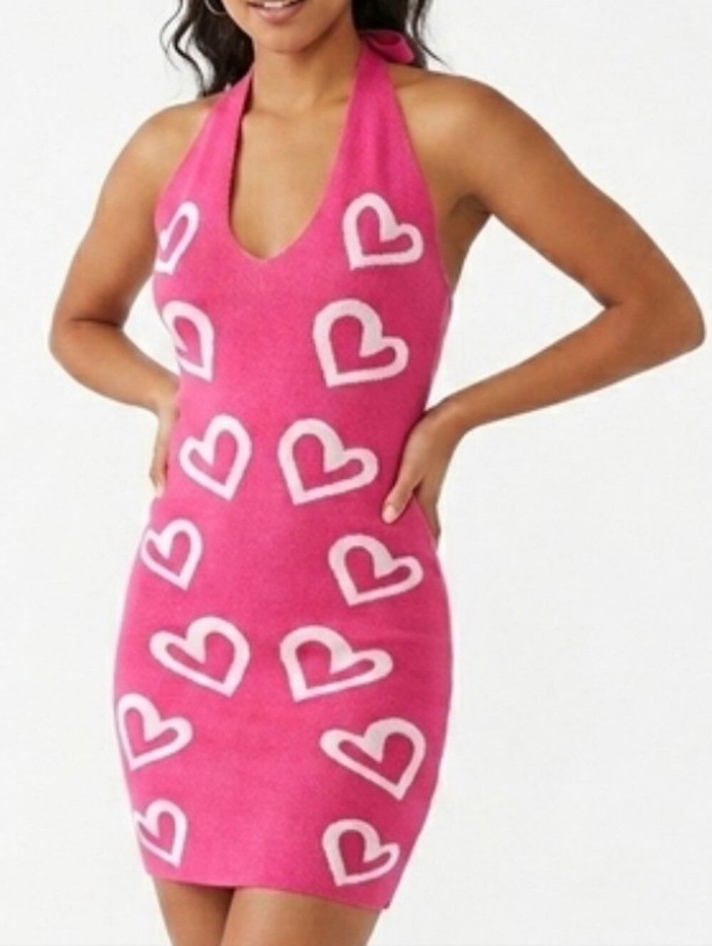 Cherry Mellow Pink Heart Halter Knit Bodycon Mini Dress Size Large Y2K Style